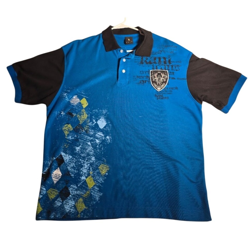Karl Kani Gold Mens XL Blue Black Colorblock Graphic Crest Pique Polo Shirt 1190